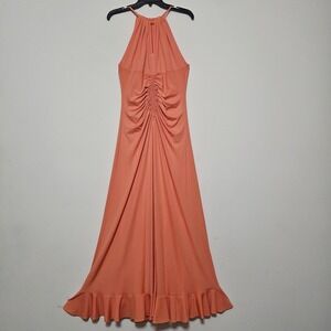 Badgley Mischka Women Dress Size 0 Orange Halter Ruched Sleeveless Long Maxi 352